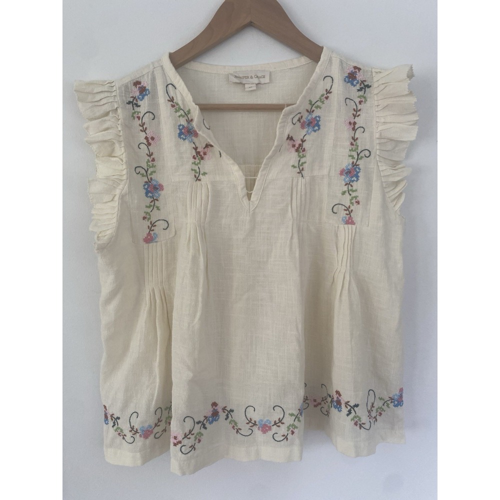 Jennifer & Grace Embroidered Peasant Blouse Cotton Gauze M Romantic Floral Boho